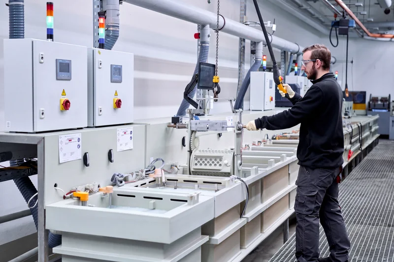 Mitarbeiter der C. Jentner GmbH bedient die Trommelgalvanik-Anlage